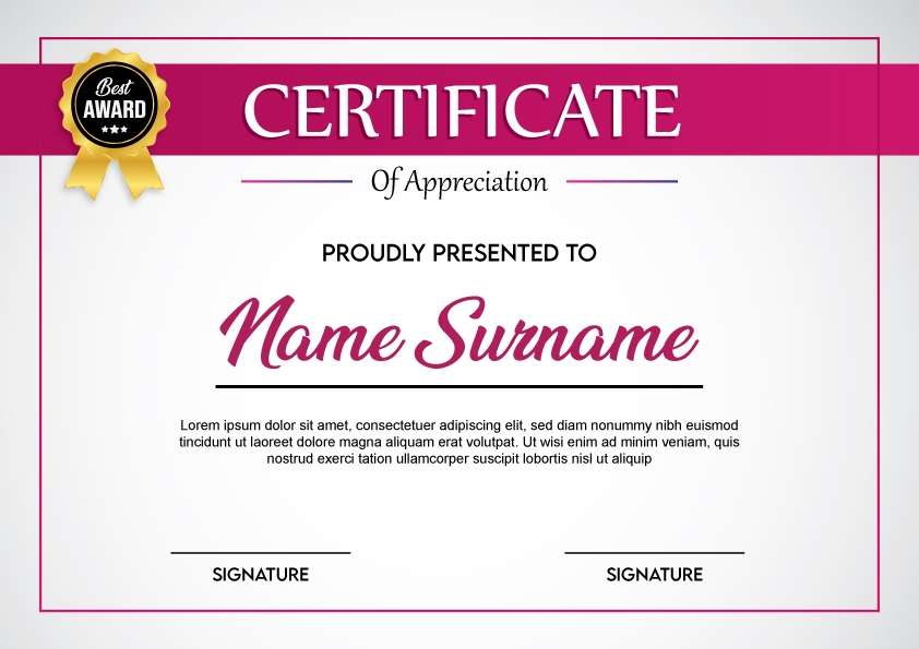 Certificate of appreciation template with golden badge