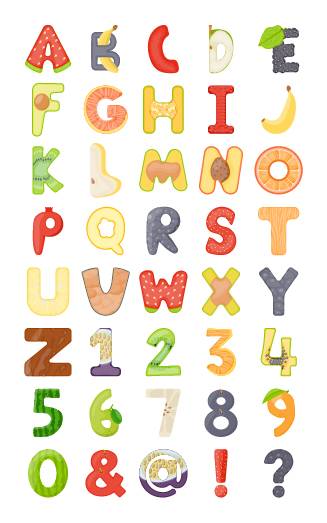 Abstract alphabet and digits fruit vector creative kids font