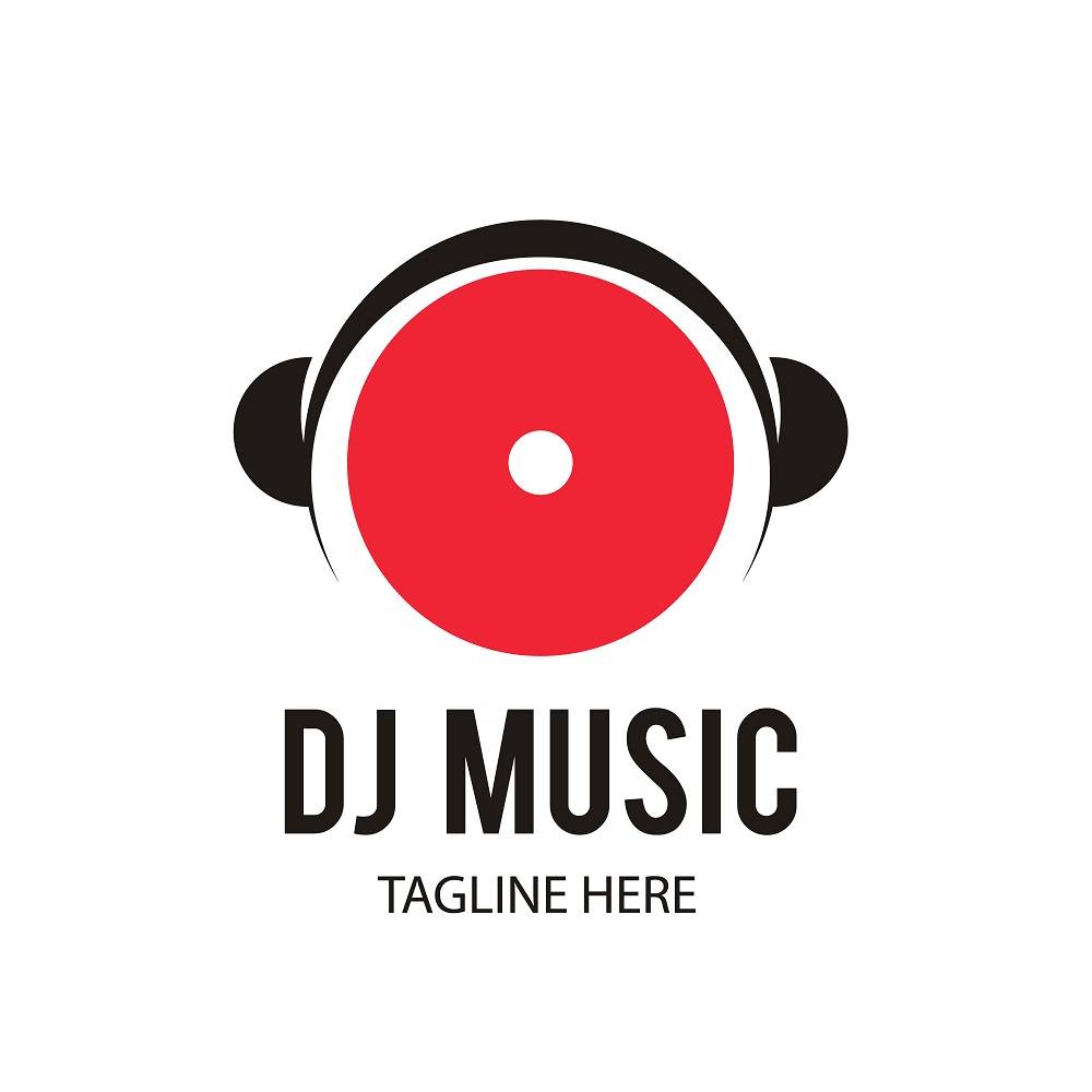 Dj music logo with headphone and recording plate vector