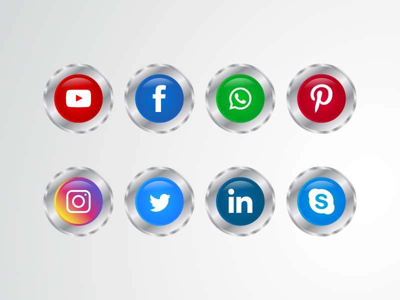Popular social media icons pack in circle with silver gradient download
