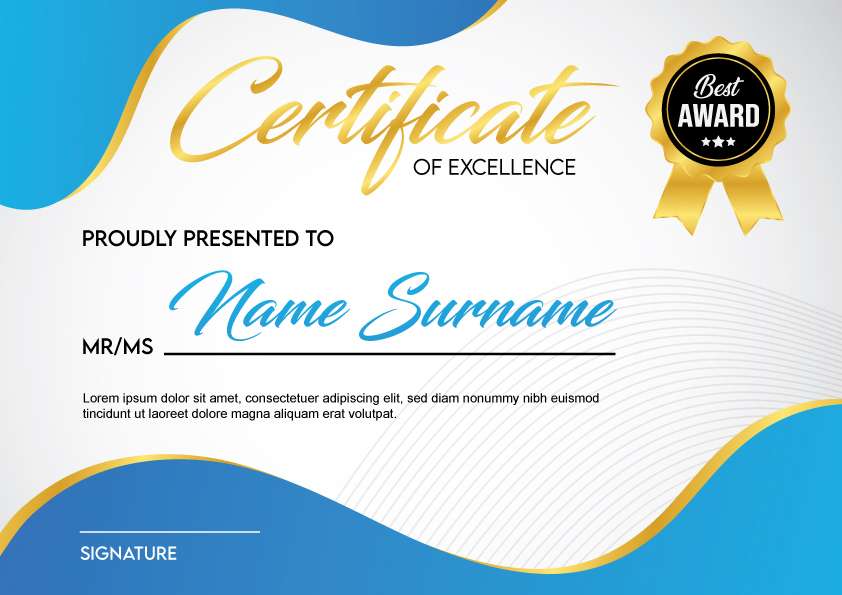 Certificate of excellence template with blue color