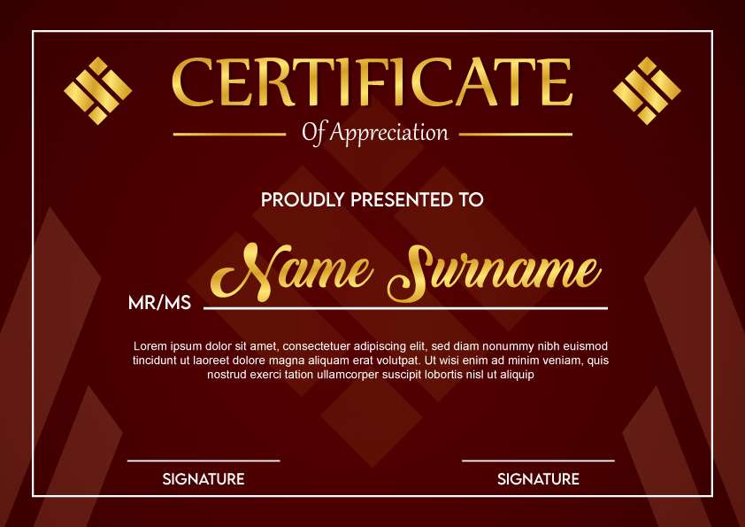 Beautiful certificate of appreciation template design with maroon & golden color