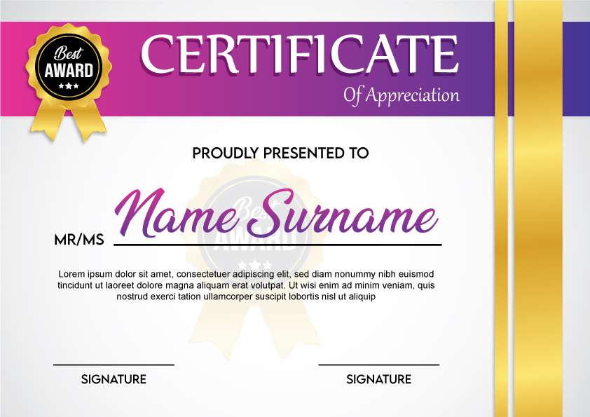 Certificate of appreciation template design in purple color with golden strip