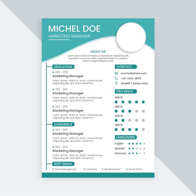 Attractive and modern resume CV template in teal blue color