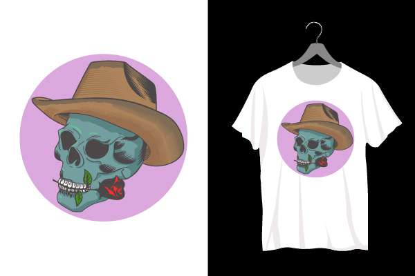 T shirt Design of Koboy Skull with rose flower
