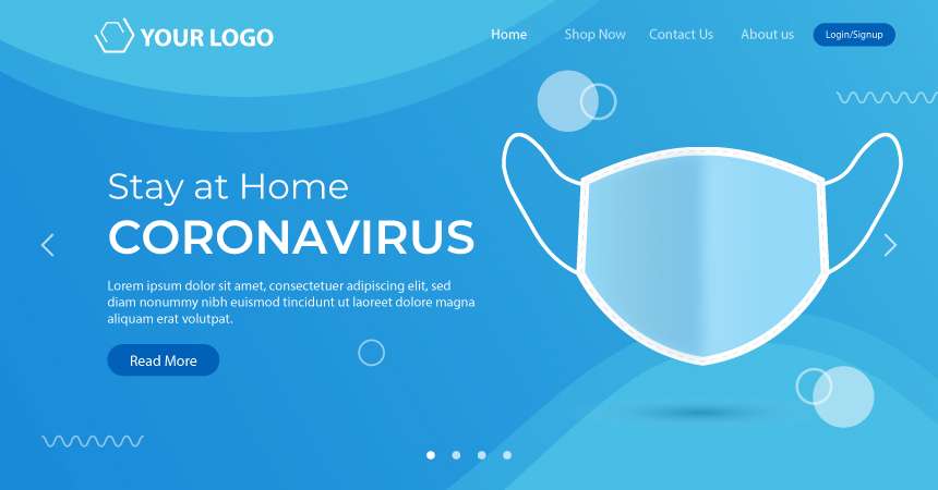 Coronavirus landing page design template with mask and layer design free
