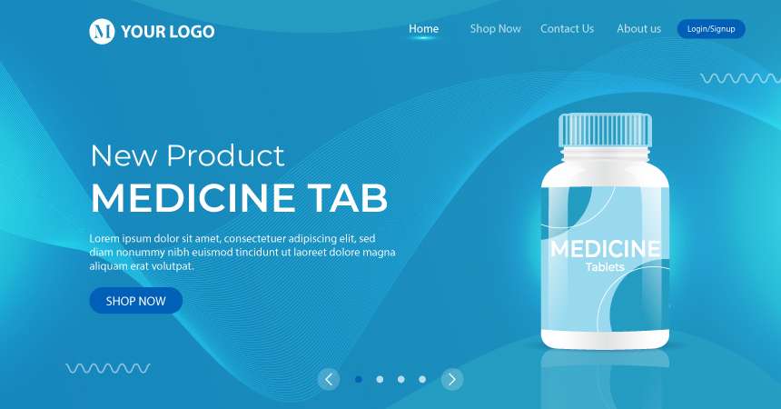 Coronavirus vaccine landing page design template with bottle mockup and layer