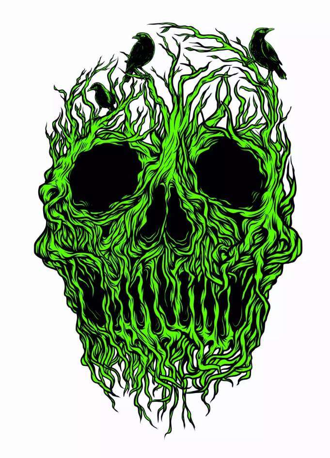 Root of all evil design with skull and crow in green color