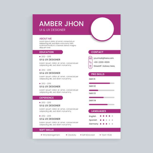 Template for resume with magenta color