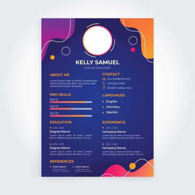 Professional resume / cv template design with wavy lines in multi colors