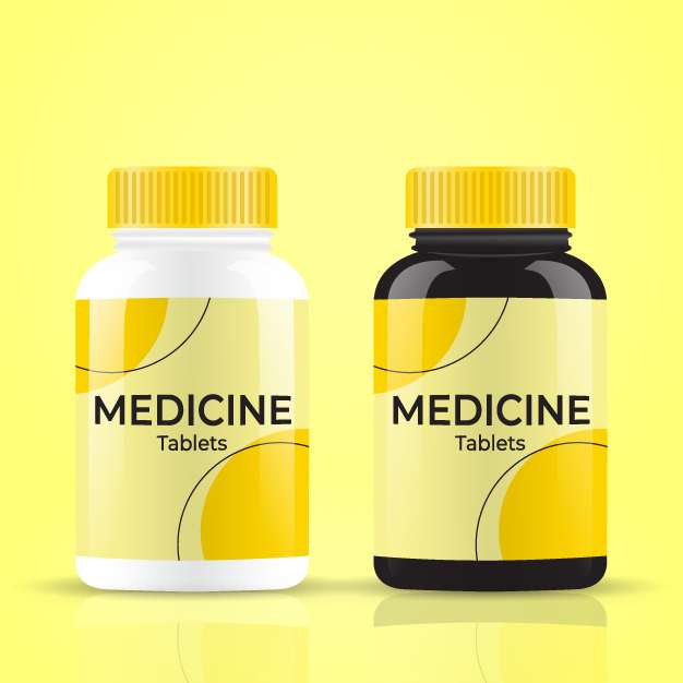 Medicine tablets bottle vector with label mockup