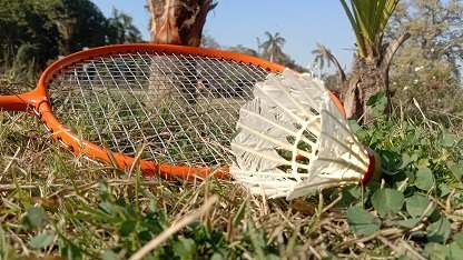 Badminton and shuttlecocks on grass close up stock photo