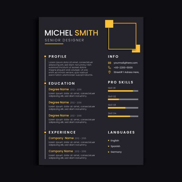 Professional template for resume in black and yellow color